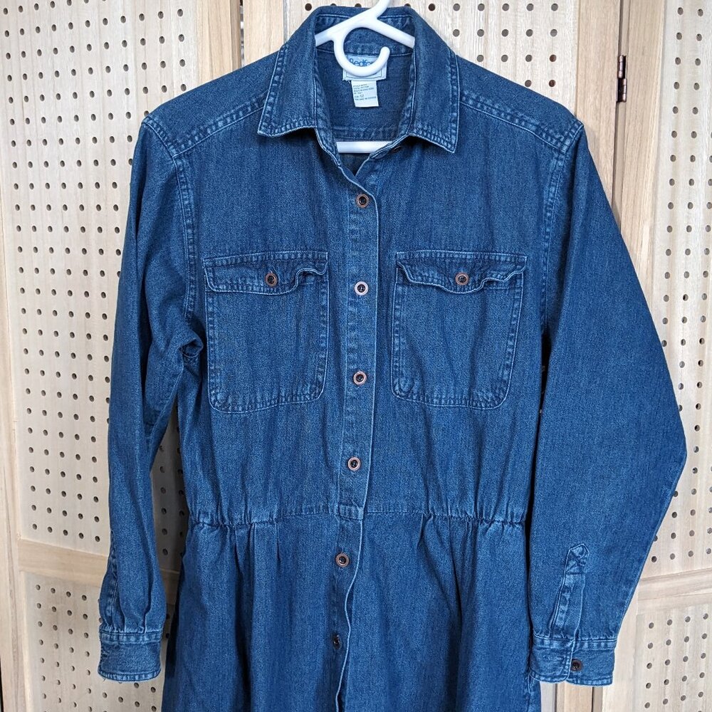 Vintage Bedford Fair denim maxi dress, pockets, long sleeves, button front